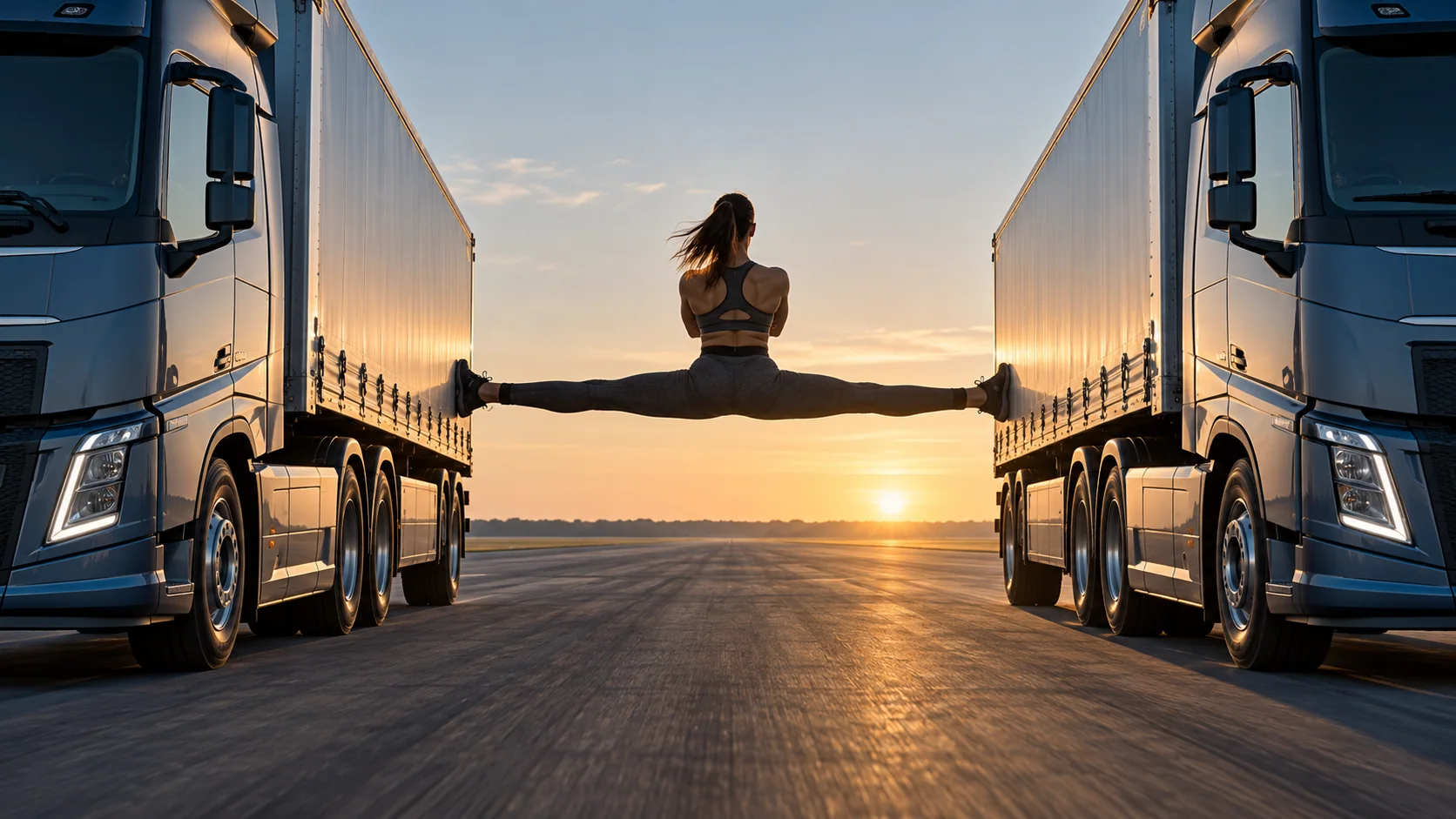 Original AI-generated concept art of a fictional performer centered between two unbranded trucks at sunset