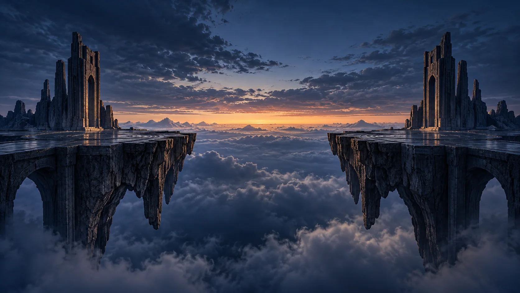 Original AI-generated fantasy setting with two floating stone platforms above clouds at blue hour