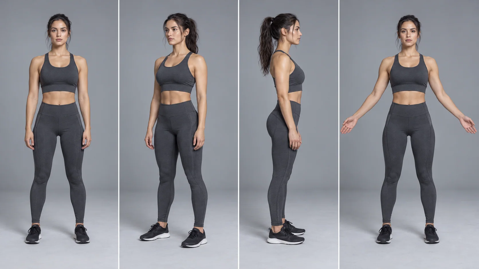 Original four-view character reference sheet for a fictional performer, showing front, three-quarter, profile, and full-body views