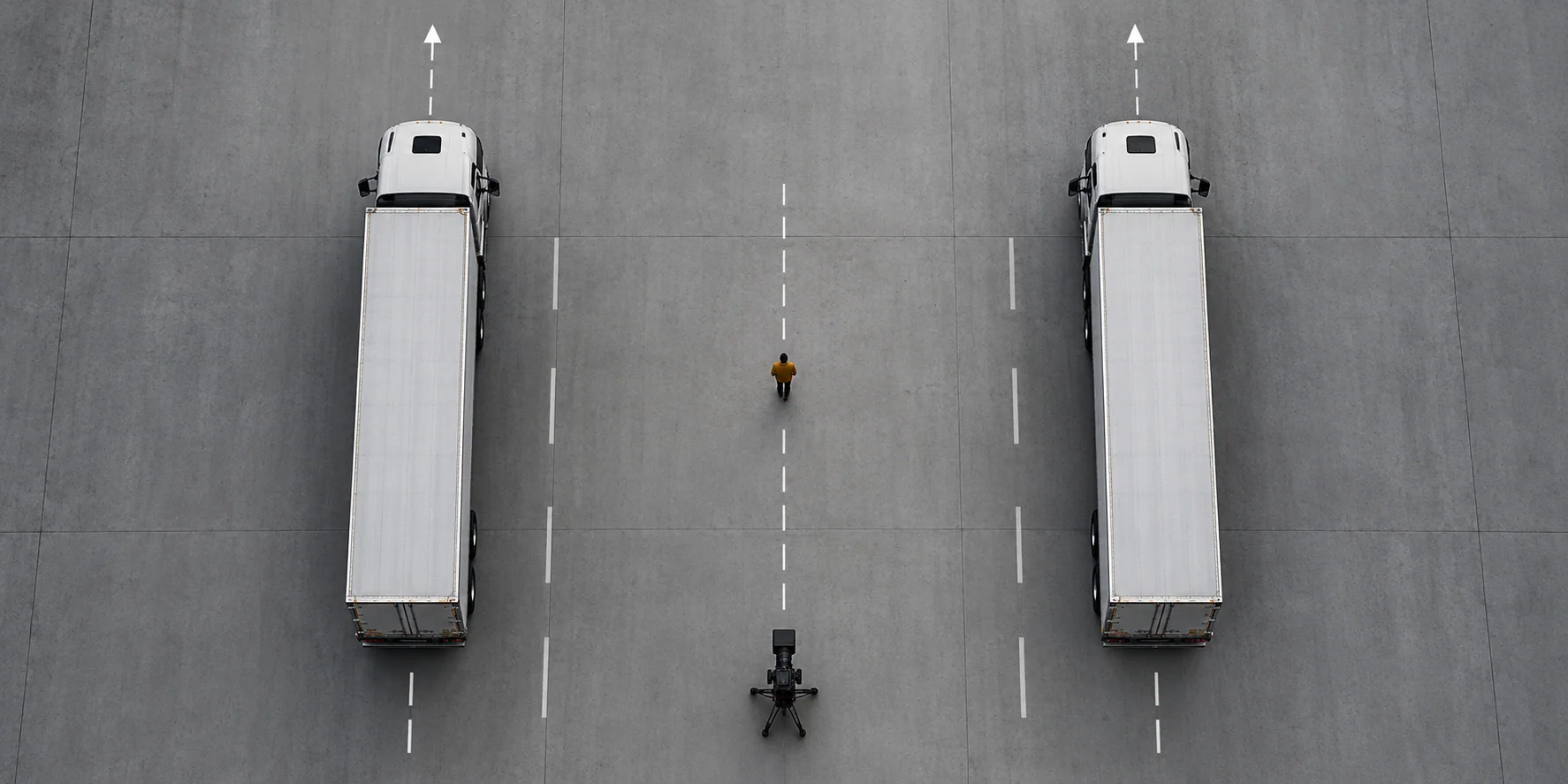 Original top-down AI planning illustration with a centered figure, parallel unbranded vehicles, and a fixed camera position