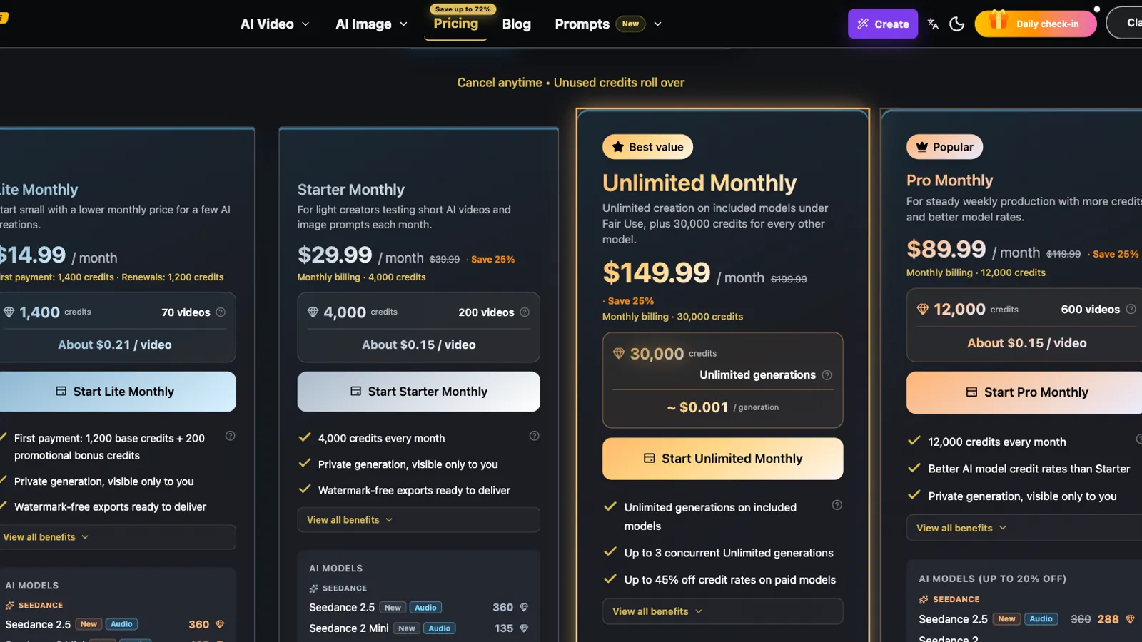 Monthly C Dance AI pricing cards and credit amounts