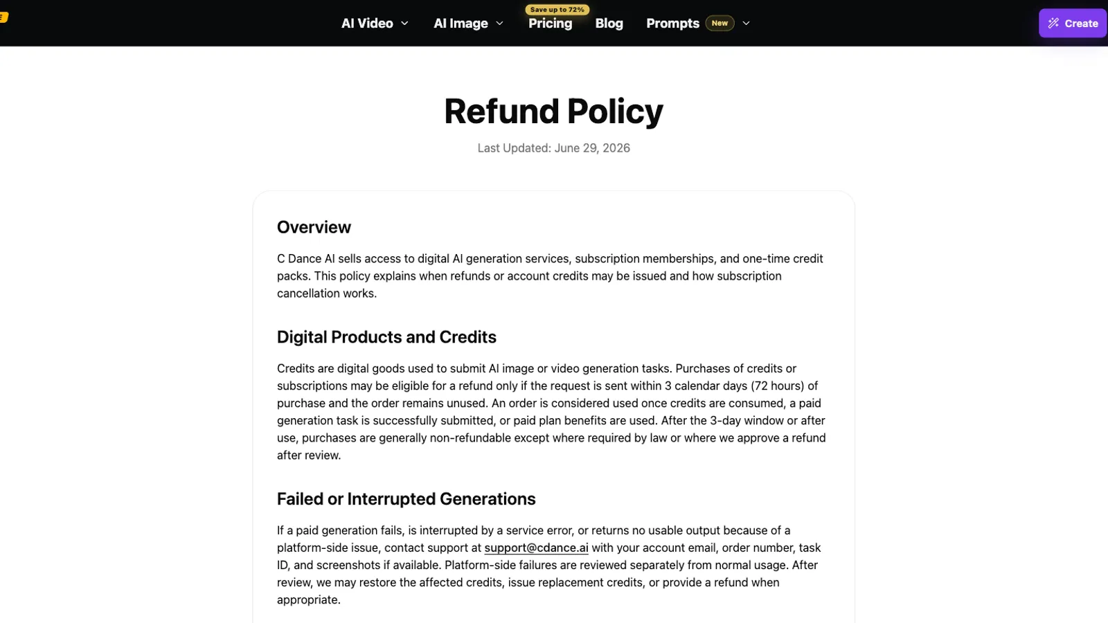 The cdance.ai Refund Policy describing unused orders and failed generations