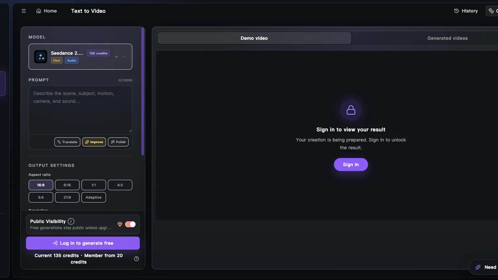 C Dance AI workspace showing a Seedance model and the credit quote before generation