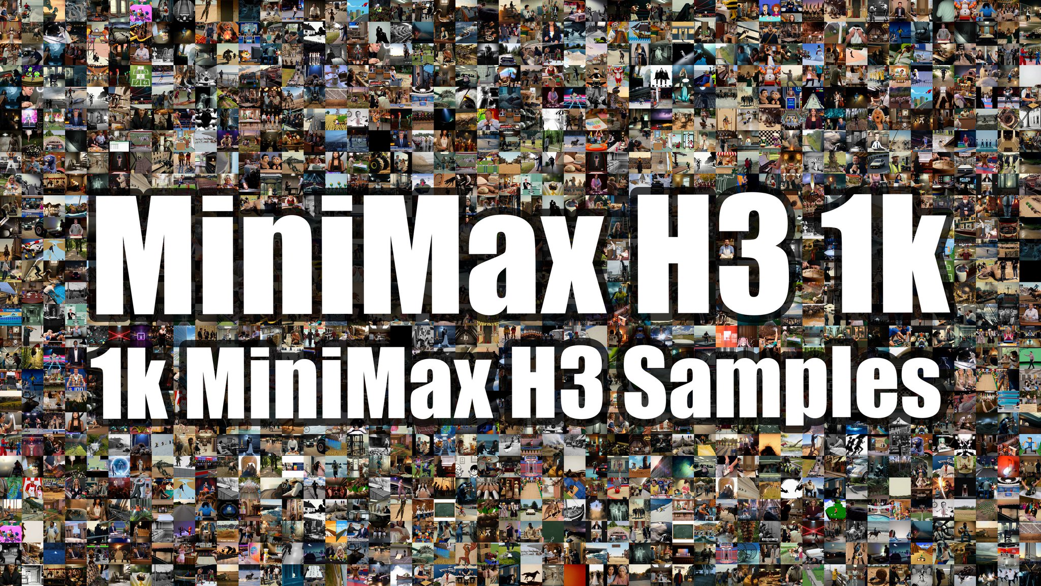 A community benchmark collage showing 1,000 MiniMax H3 samples across varied subjects and visual styles