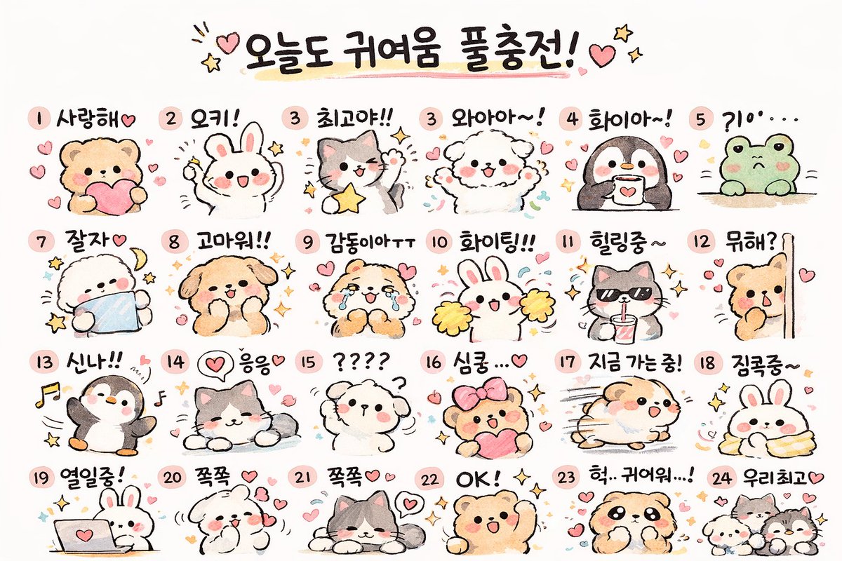 AI image example generated from the "Kawaii Animal Sticker Sheet Generator" GPT Image 2 prompt: Generates a 24-piece grid of cute, hand-drawn animal stickers with custom text…