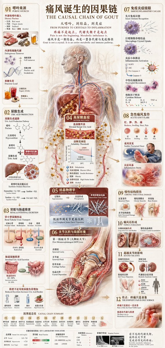 AI image example generated from the "Medical Infographic of Gout Pathology" GPT Image 2 prompt, variation 2: A detailed, 12-step medical infographic illustrating the metabolic…